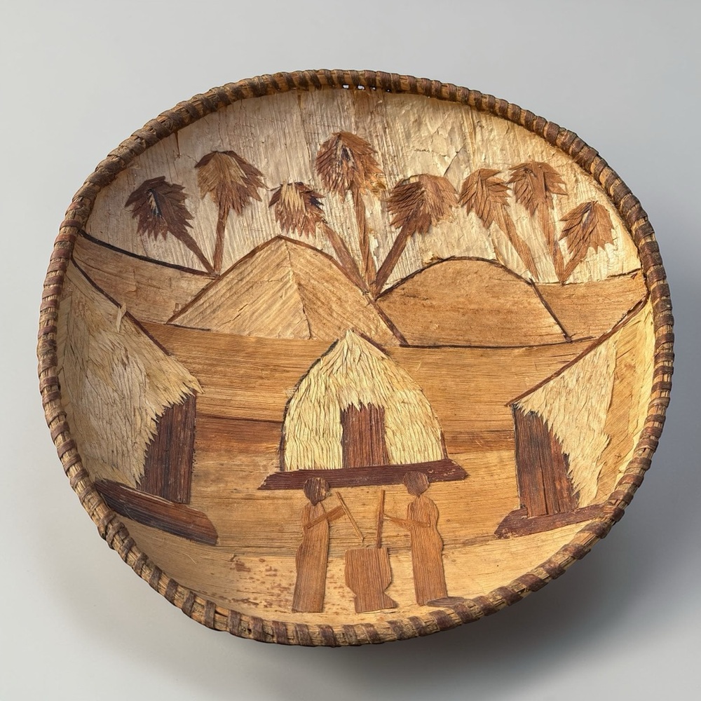 Vintage African Hand Woven Tray Bowl Wall Art Authentic Banana Leaf 15” Folk Art